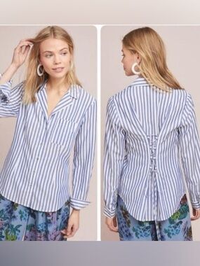 Anthropologie White & Blue Striped Lace Up Back Button Down Shirt Size